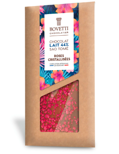 Milk chocolate bar with crystallized roses - 100g - Bovetti